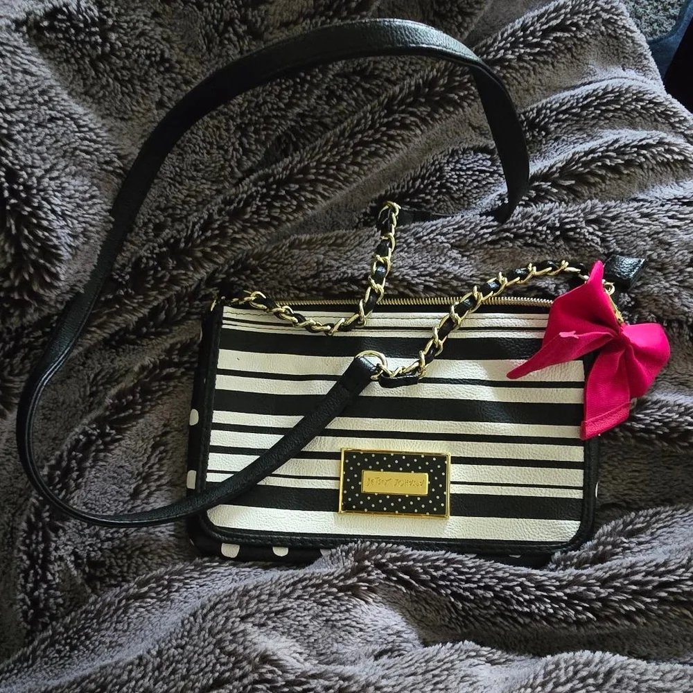 Rare Betsey Johnson Y2K Crossbody Bag Black White Striped Polka Dot Chain Bow